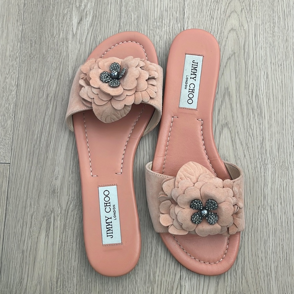 JIMMY CHOO Pink Suede Floral Flats